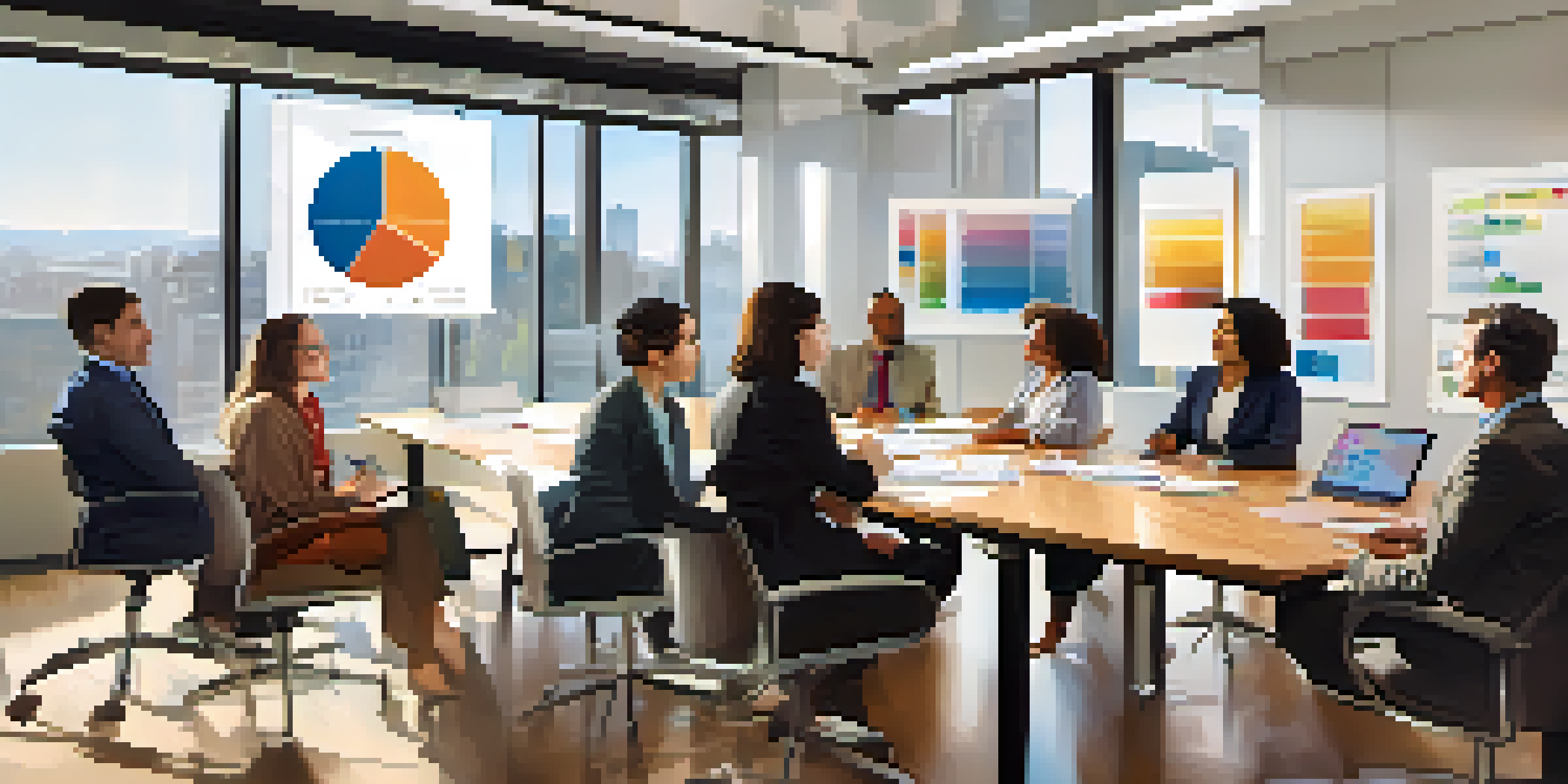 A diverse team of professionals collaborating in a bright conference room, discussing ideas with charts and graphs visible.