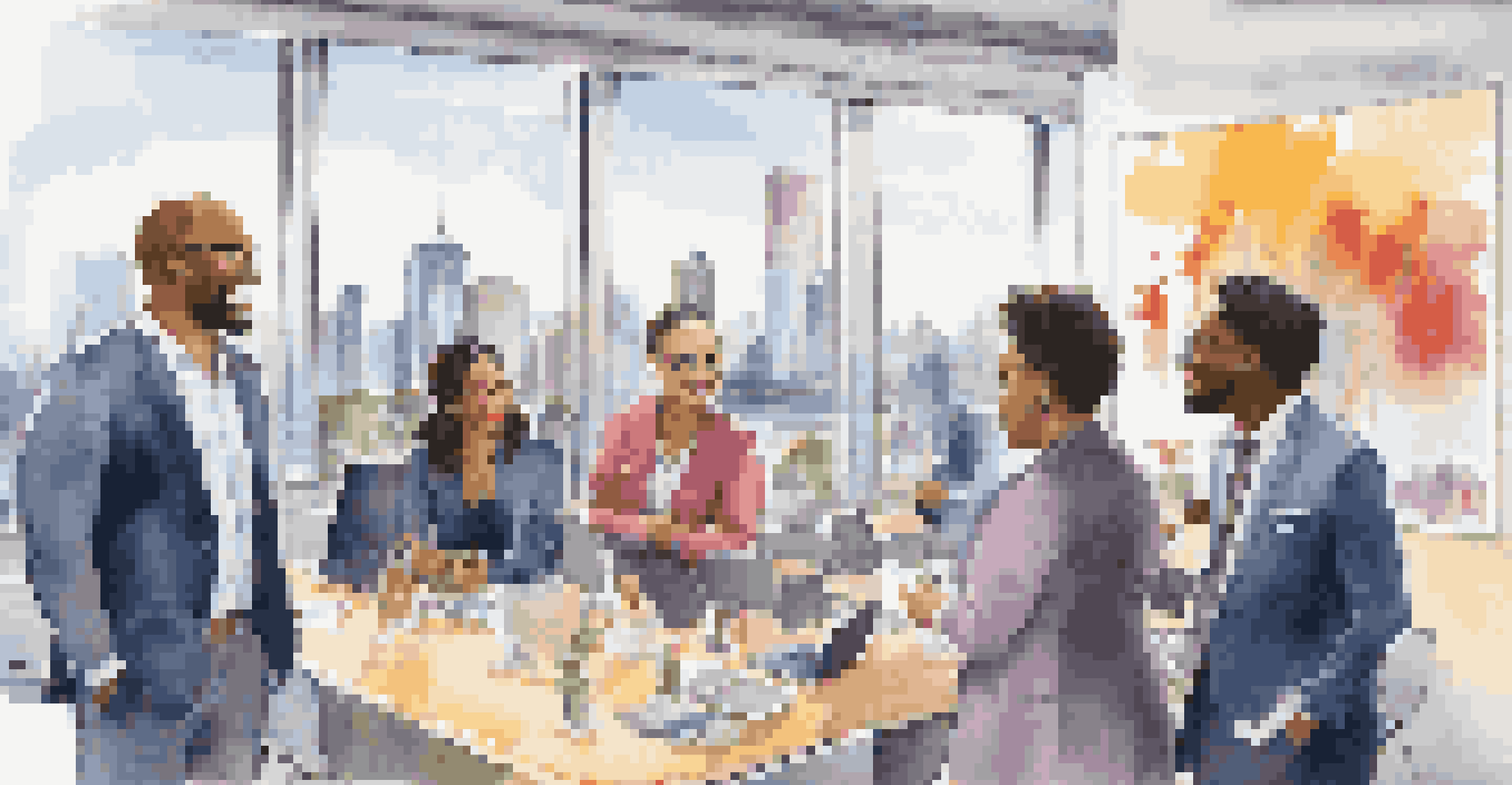 A diverse group of professionals networking in a modern conference room with city views and colorful industry banners.