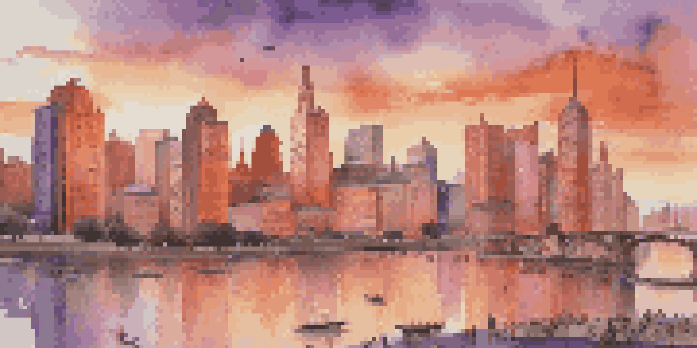 A colorful city skyline at sunset with modern skyscrapers and historic buildings, along a river where people are engaging in outdoor activities.