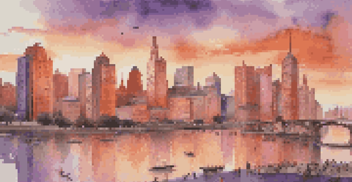 A colorful city skyline at sunset with modern skyscrapers and historic buildings, along a river where people are engaging in outdoor activities.