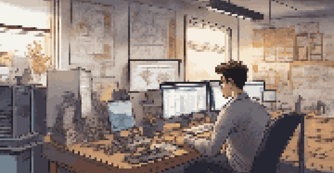 A young intern coding at a modern office desk with laptops and technical equipment.