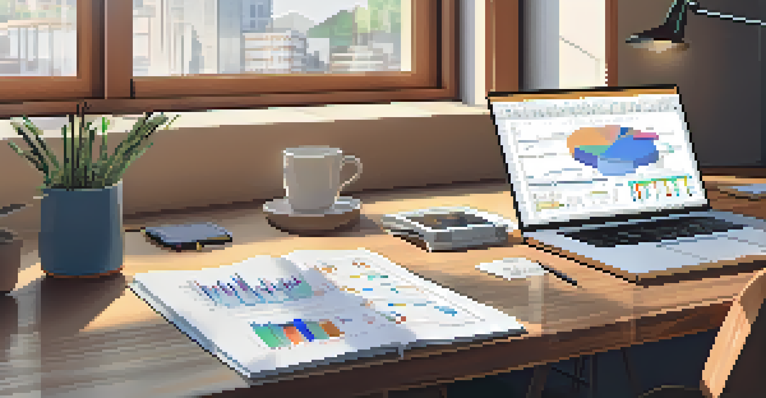 A workspace with a laptop showing investment charts, an open notepad with financial goals, and natural light coming through a window.