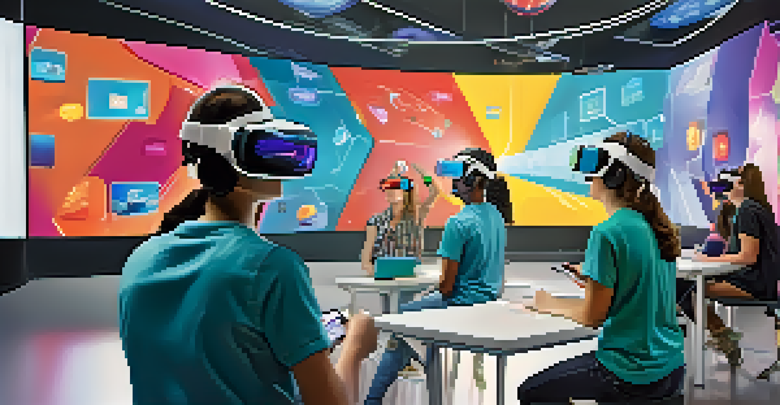 Students using virtual reality headsets in a high-tech classroom.