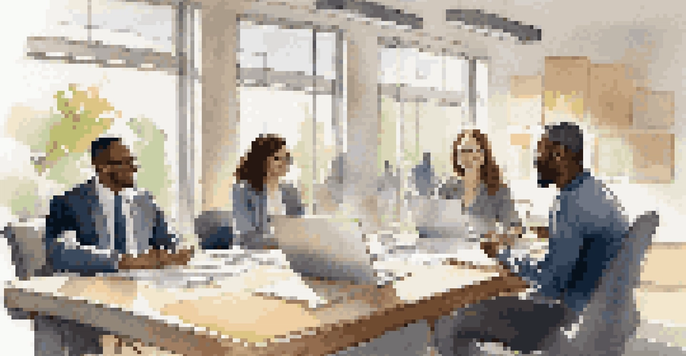 A diverse group of professionals collaborating in a bright office, demonstrating emotional intelligence and teamwork.