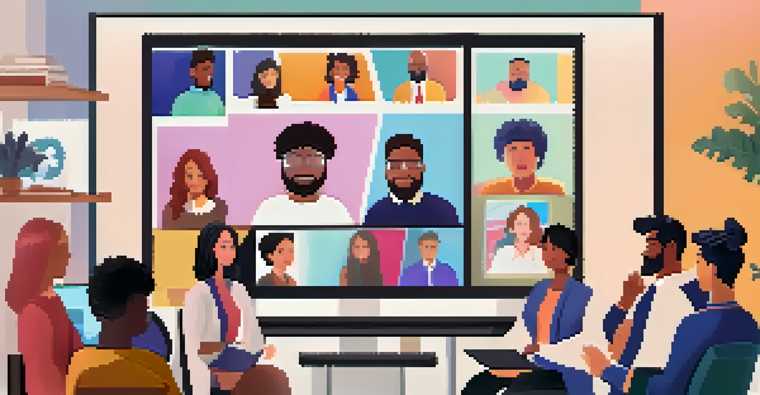 A digital networking event with diverse professionals on a video call, shown in small windows with colorful backgrounds and enthusiastic expressions.