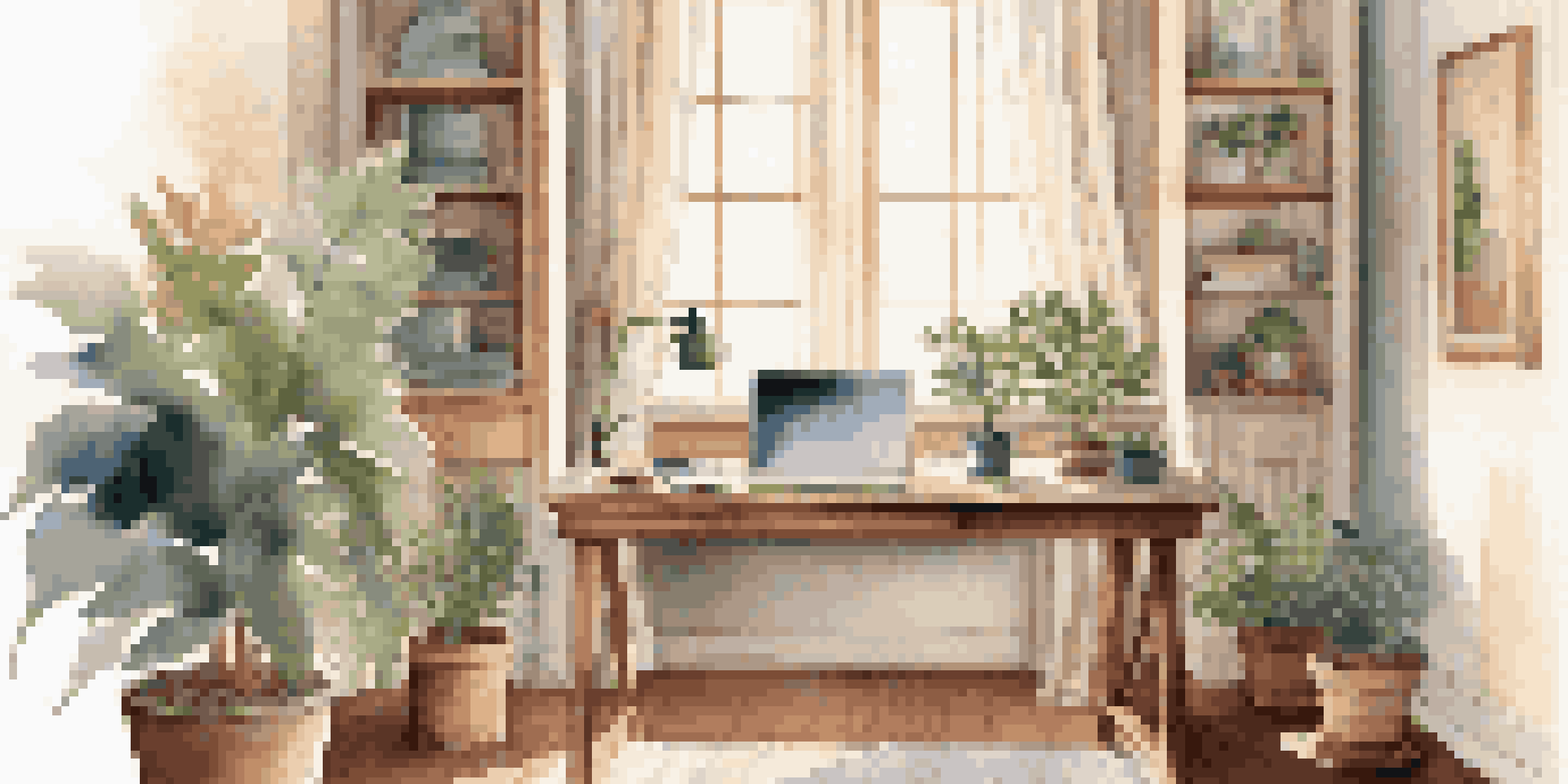 A cozy home office with a wooden desk, laptop, and plants, illuminated by soft morning light from a window.