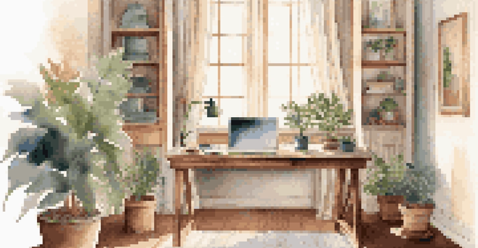 A cozy home office with a wooden desk, laptop, and plants, illuminated by soft morning light from a window.