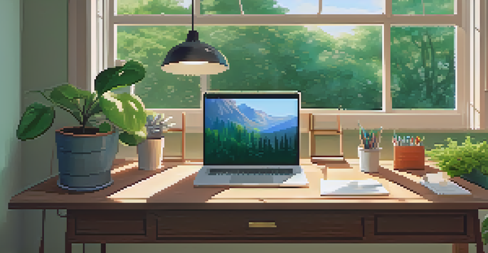 A bright and inviting workspace with a wooden desk, laptop, potted plant, and garden view through a window.