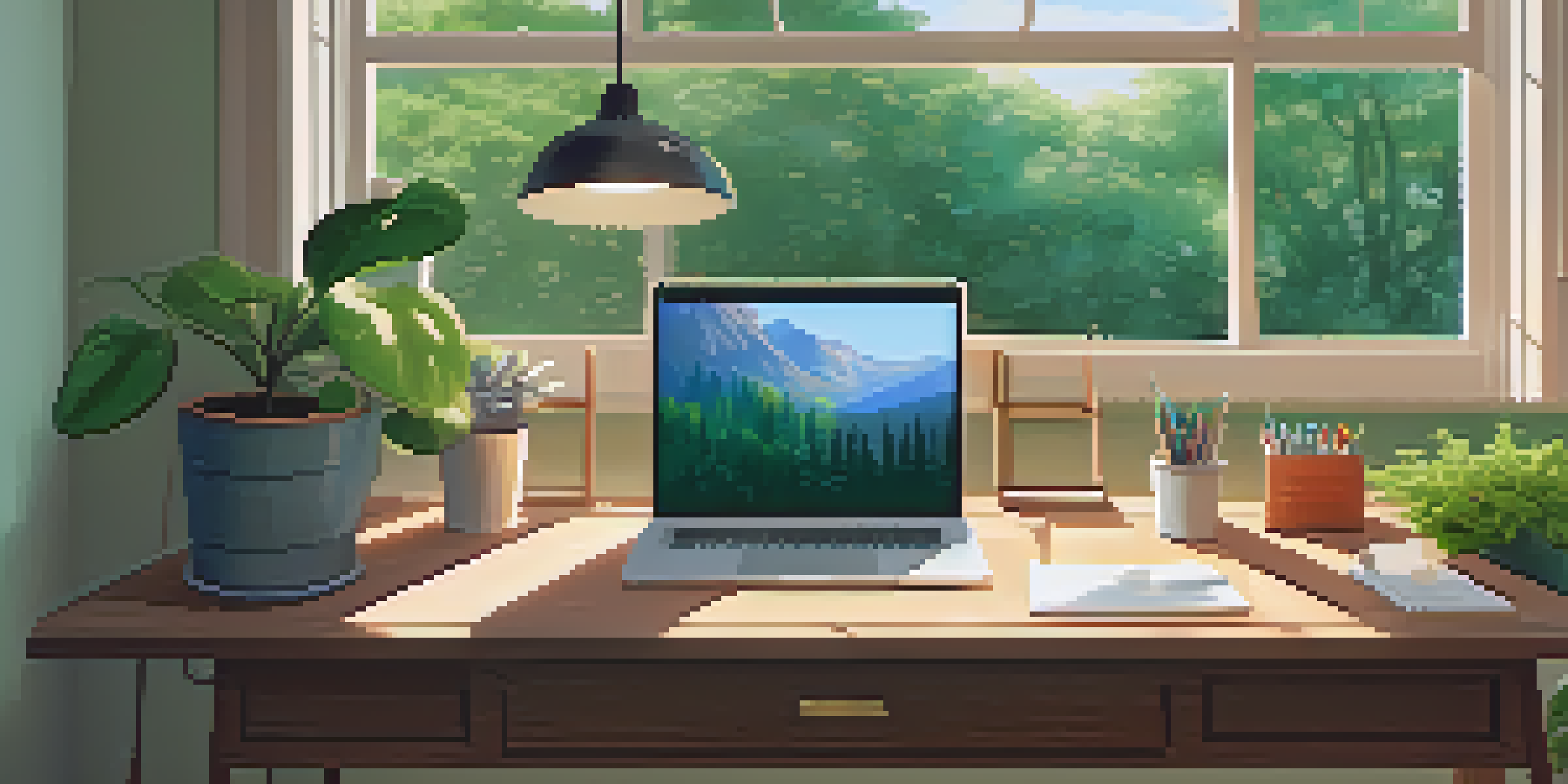 A bright and inviting workspace with a wooden desk, laptop, potted plant, and garden view through a window.