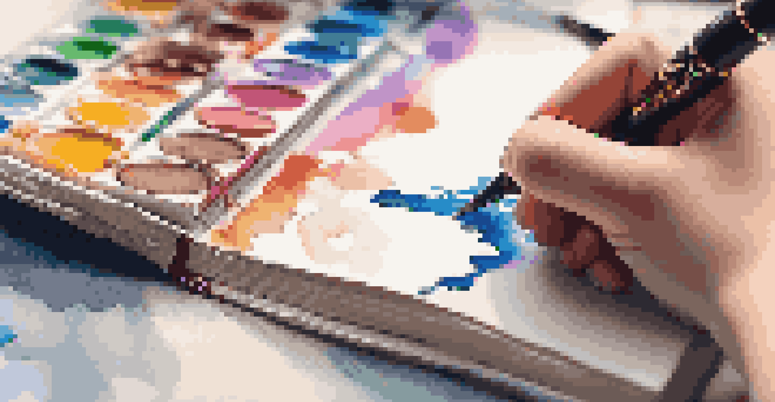 A close-up of a hand using a fountain pen to write in a journal, with art supplies in the background.