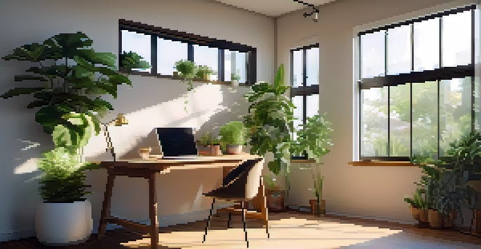 A bright and inviting workspace with a wooden desk, a laptop, green plants, and sunlight coming through a window.
