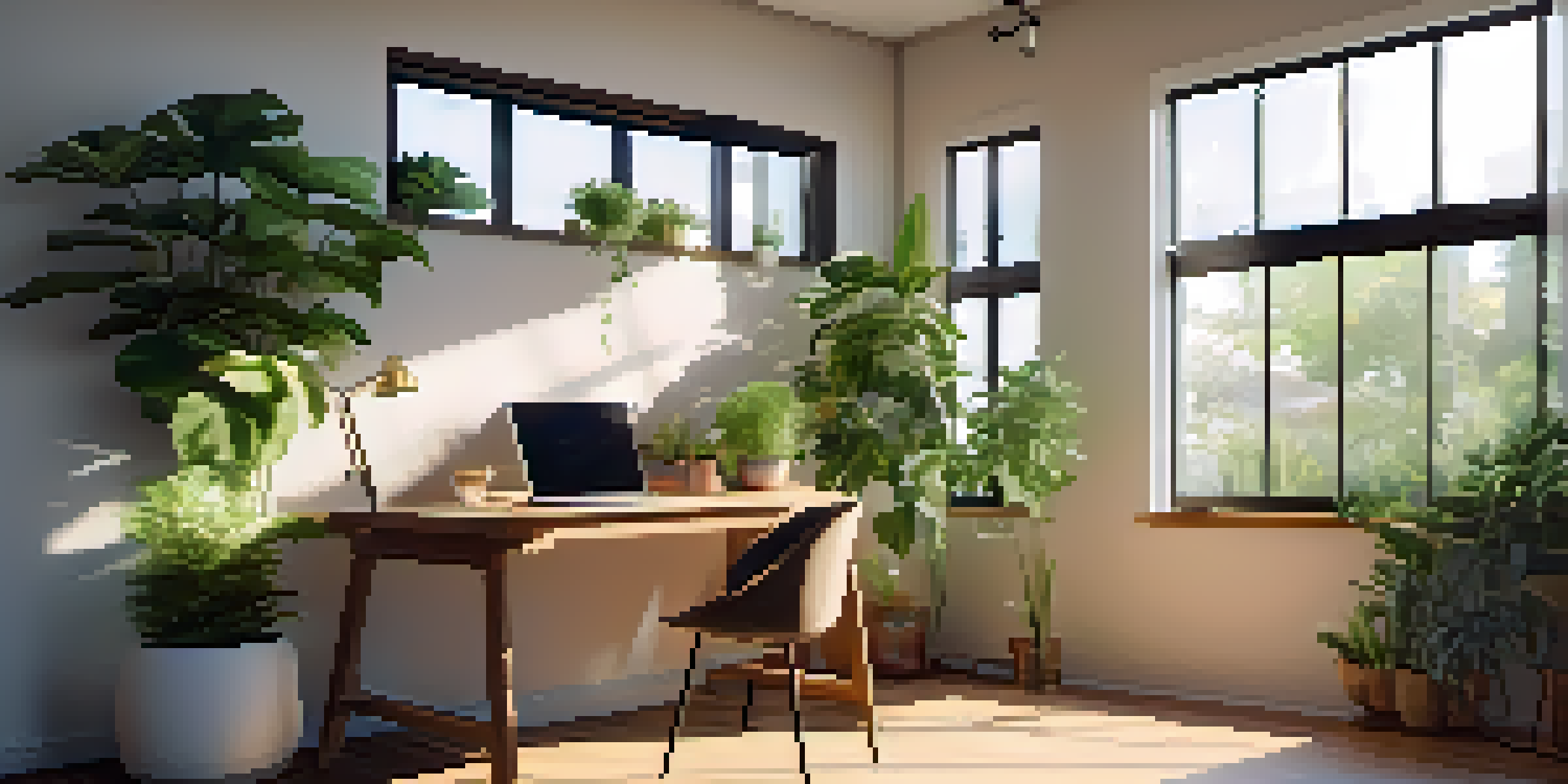 A bright and inviting workspace with a wooden desk, a laptop, green plants, and sunlight coming through a window.