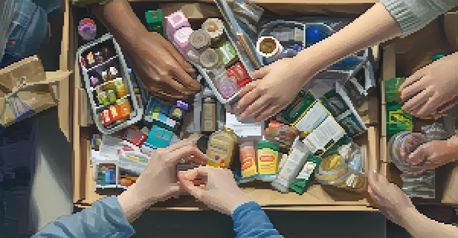 Close-up of diverse hands assembling care packages for a local shelter, with a warm and inviting atmosphere.