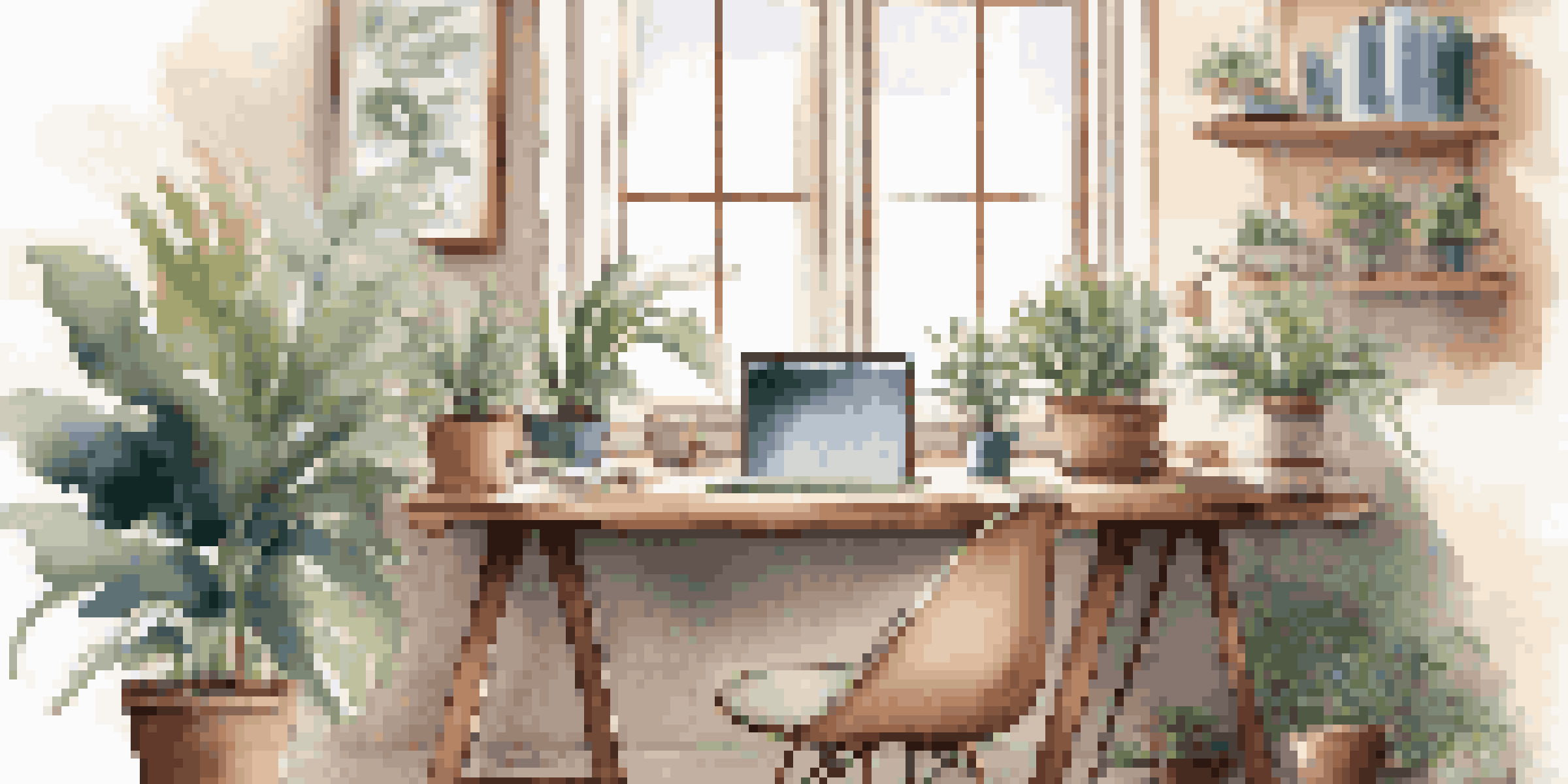 A cozy workspace featuring a wooden desk with a laptop displaying a career mapping tool, surrounded by plants and a coffee cup, illuminated by soft natural light.