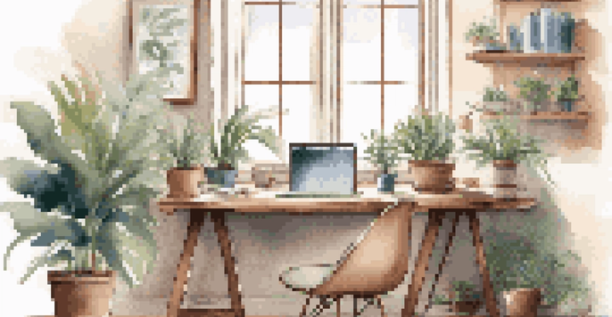 A cozy workspace featuring a wooden desk with a laptop displaying a career mapping tool, surrounded by plants and a coffee cup, illuminated by soft natural light.