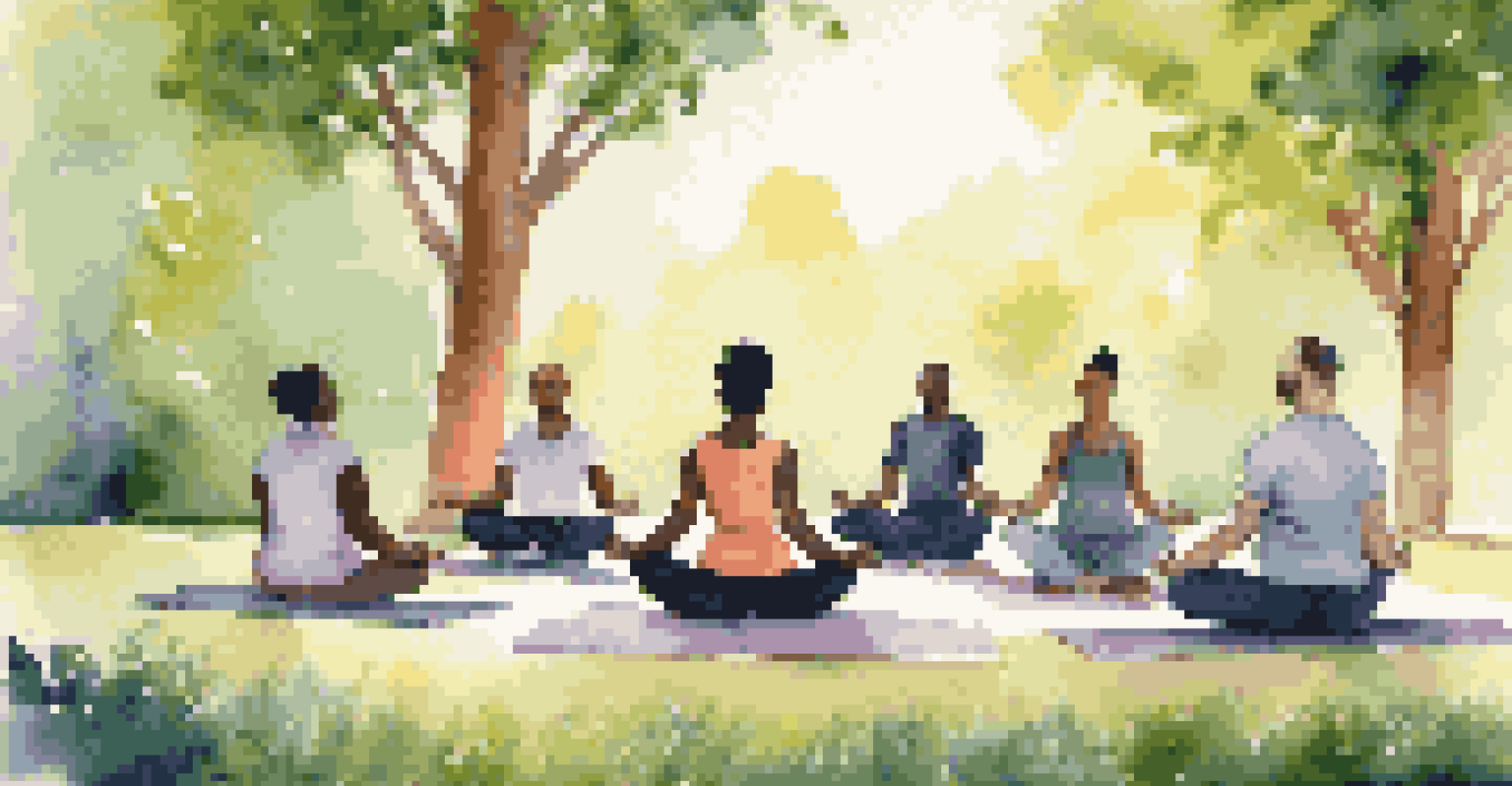 Employees in a mindfulness session outdoors, sitting on yoga mats in a circle, surrounded by nature.