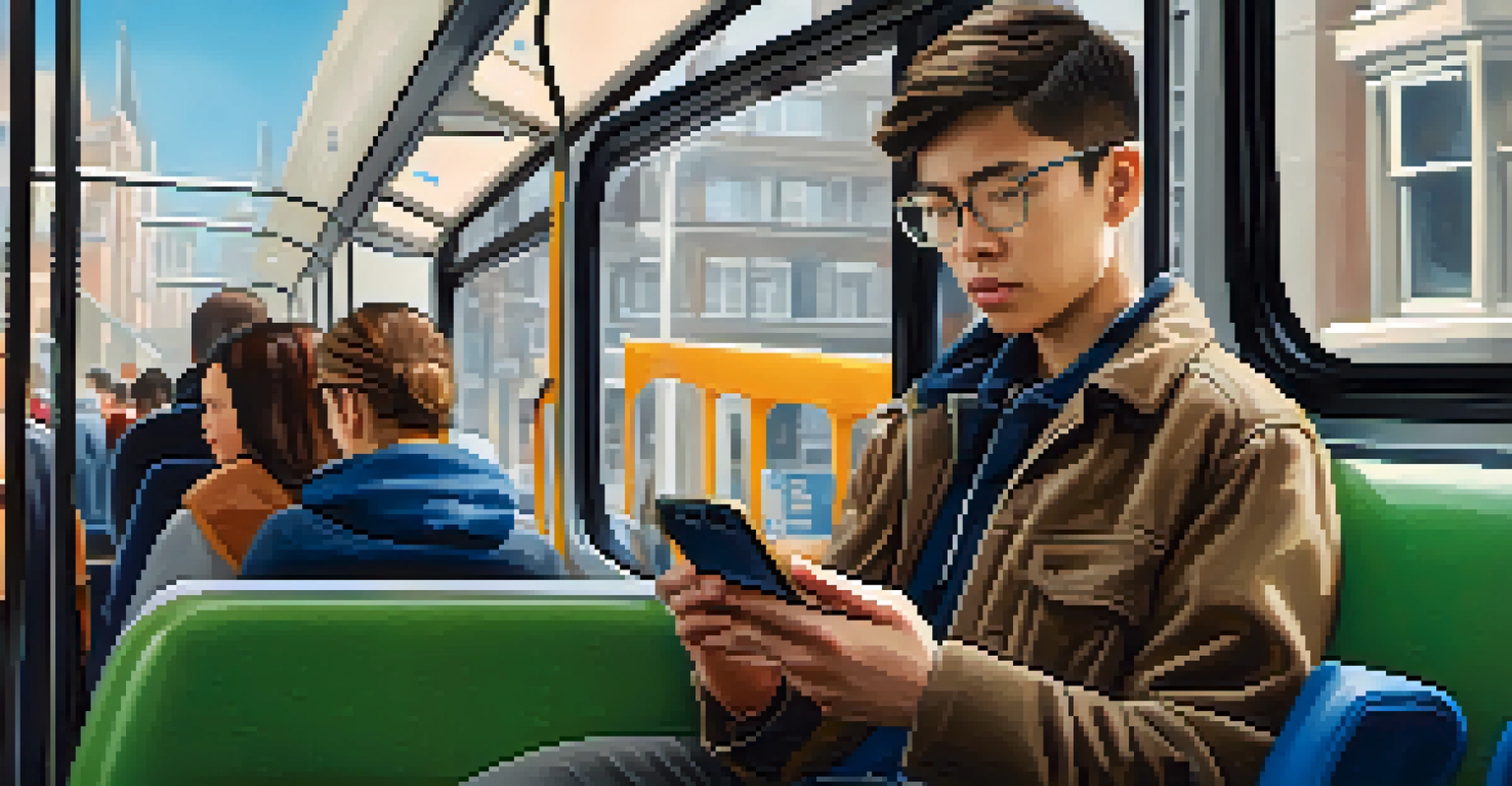 A person engaged in mobile learning on a bus with a city view outside.