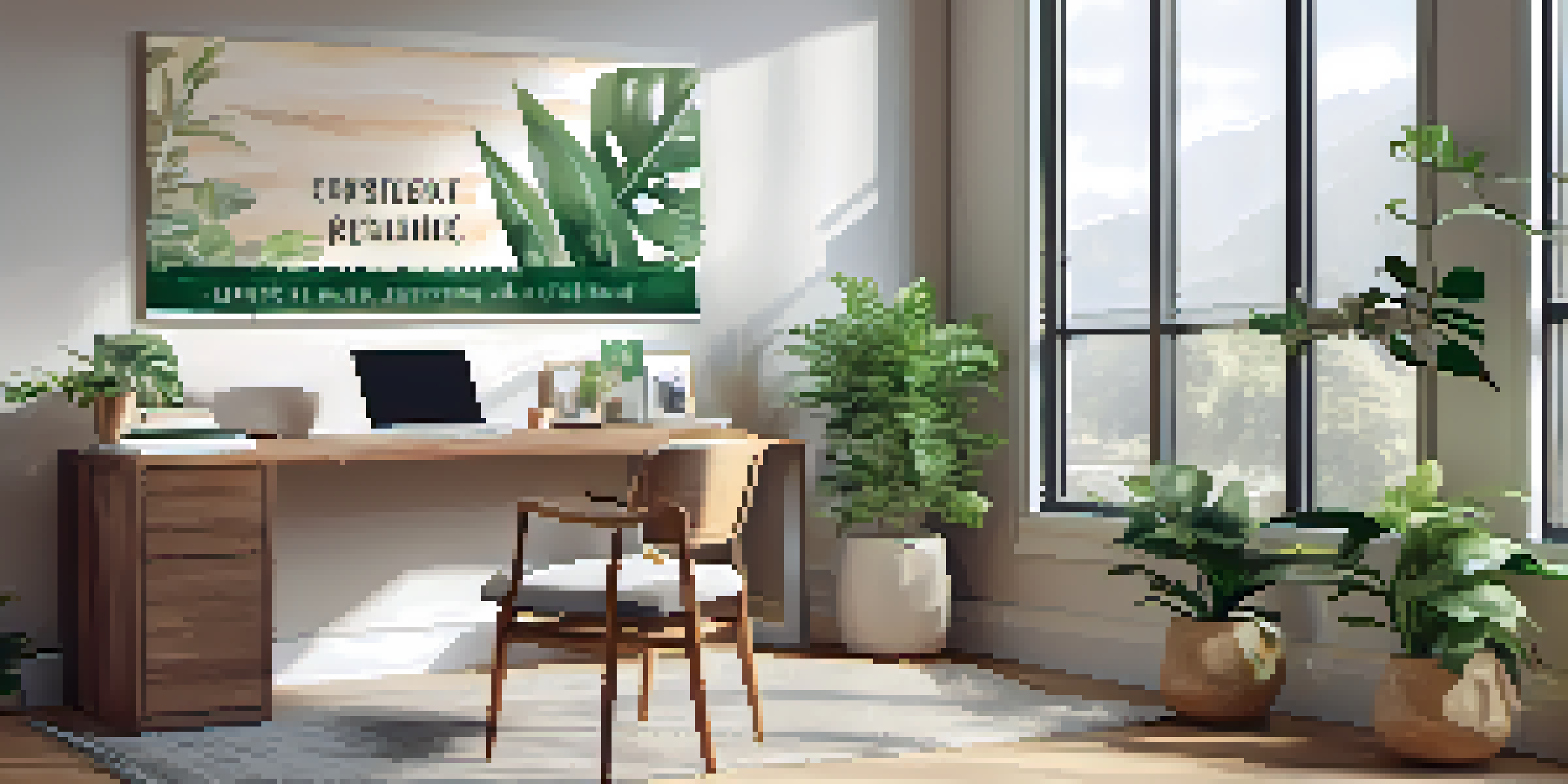 A bright office space featuring motivational wall art and a wooden desk with a laptop and a potted plant, illuminated by natural sunlight.