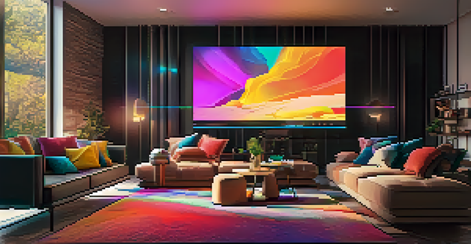 A modern living room with a VR gaming setup, including a headset on a coffee table and a TV showing a VR game.