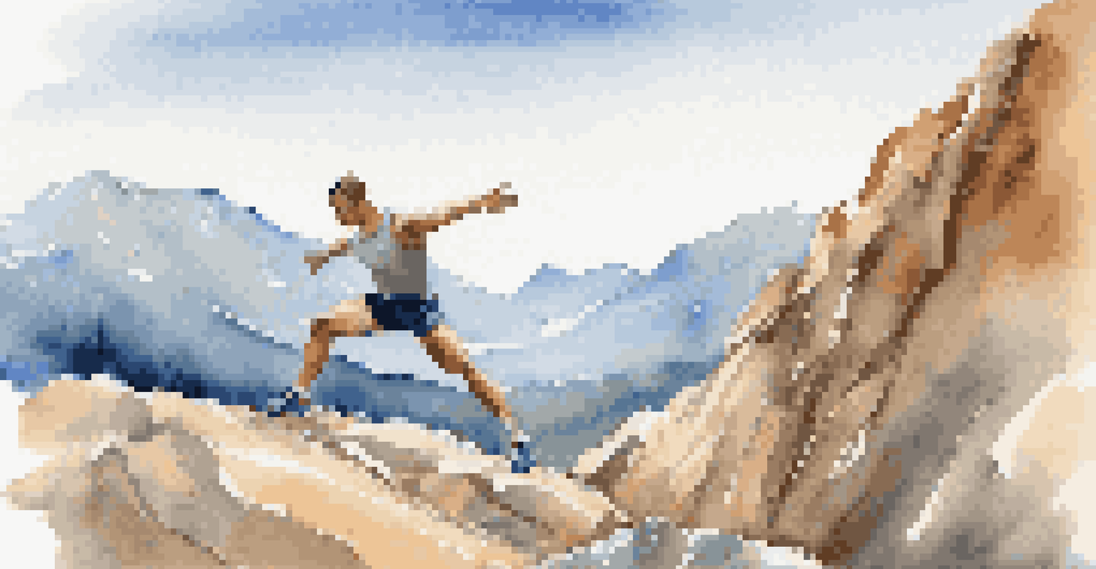 An athlete stretching outdoors against a scenic mountain backdrop, showcasing determination and resilience.