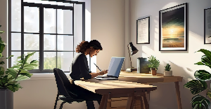 A bright and inviting office space with a person writing in a journal at a desk, surrounded by sunlight and a framed motivational quote.