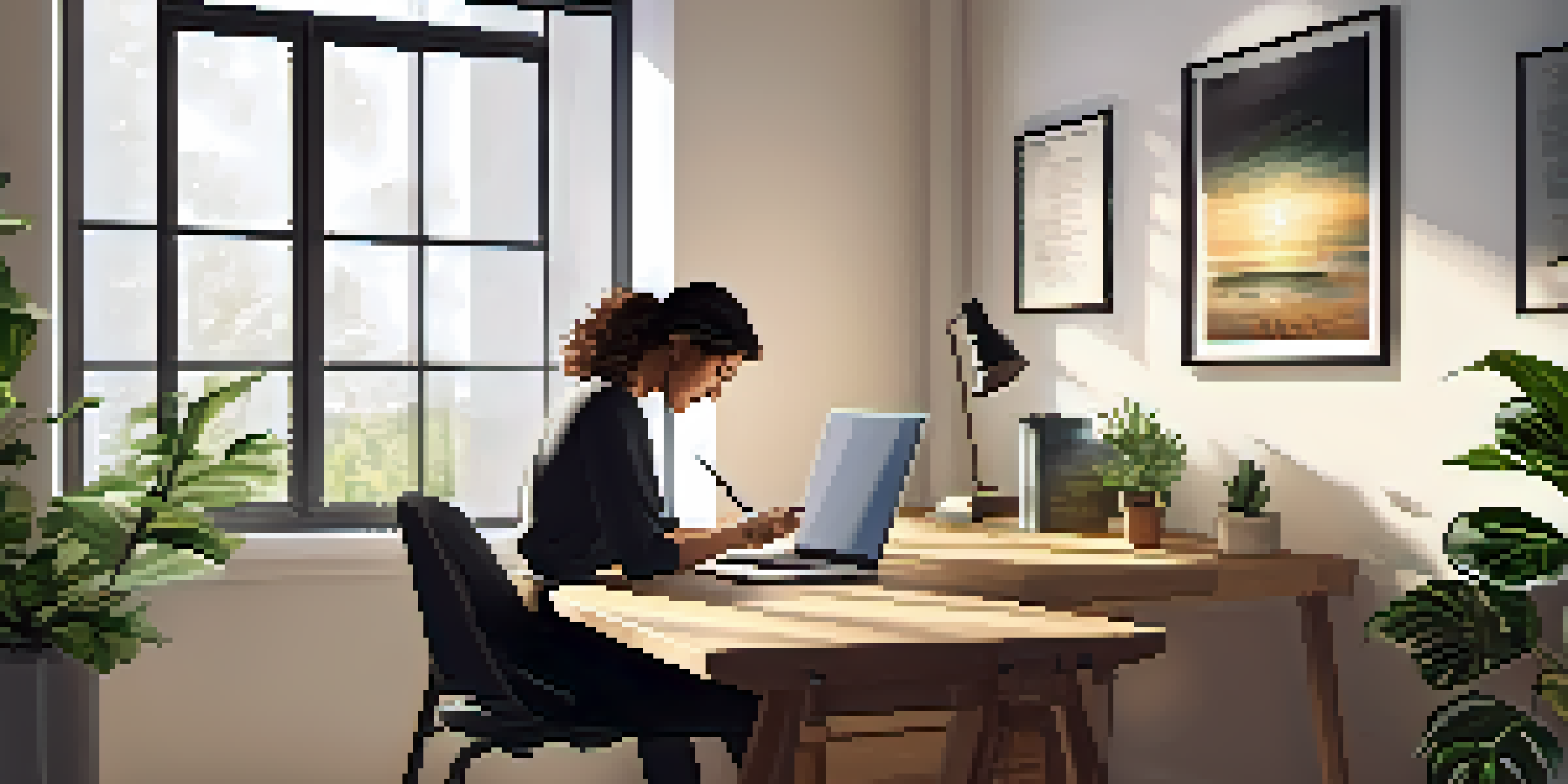 A bright and inviting office space with a person writing in a journal at a desk, surrounded by sunlight and a framed motivational quote.