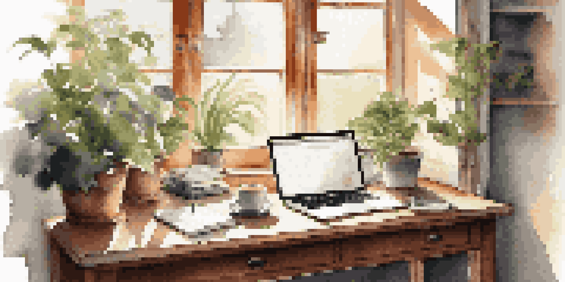 A peaceful office setting with a wooden desk, laptop, notepad, and coffee cup, illuminated by sunlight from a window with plants around.