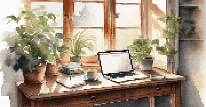 A peaceful office setting with a wooden desk, laptop, notepad, and coffee cup, illuminated by sunlight from a window with plants around.