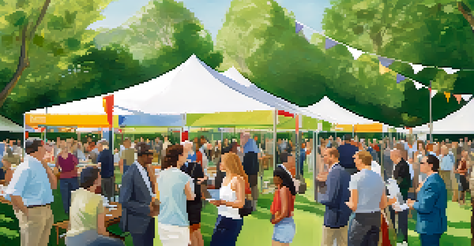 A lively outdoor networking event with professionals talking under a tent, surrounded by greenery and colorful banners promoting adaptability.