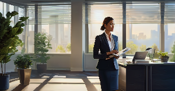 A confident professional woman in a modern office, surrounded by a laptop and notepad, with sunlight illuminating the space.