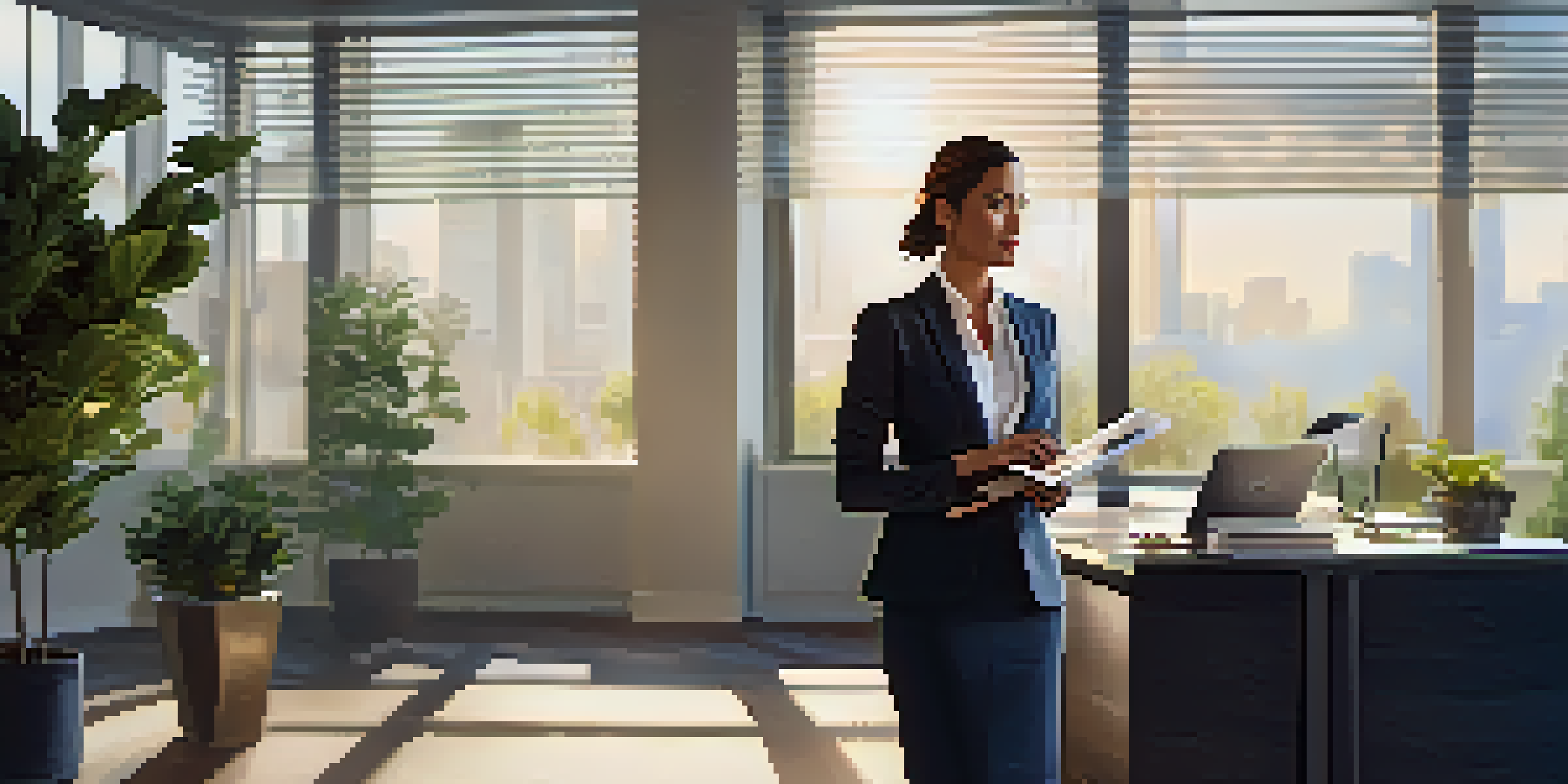 A confident professional woman in a modern office, surrounded by a laptop and notepad, with sunlight illuminating the space.