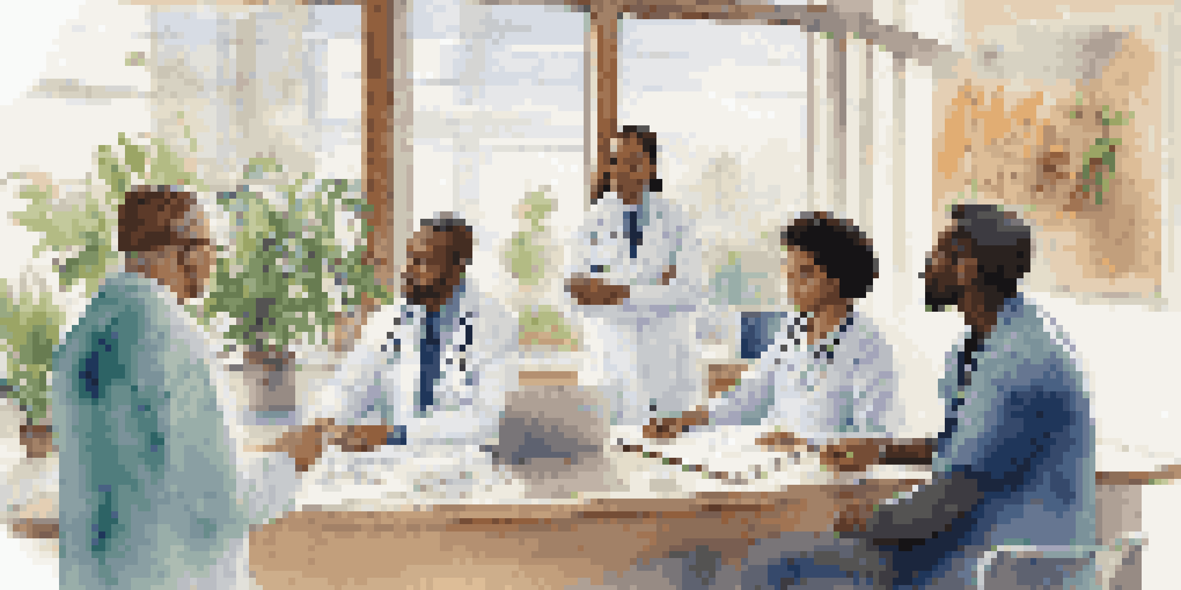 A diverse group of healthcare professionals in a modern clinic, discussing patient care with medical charts and a potted plant around them.