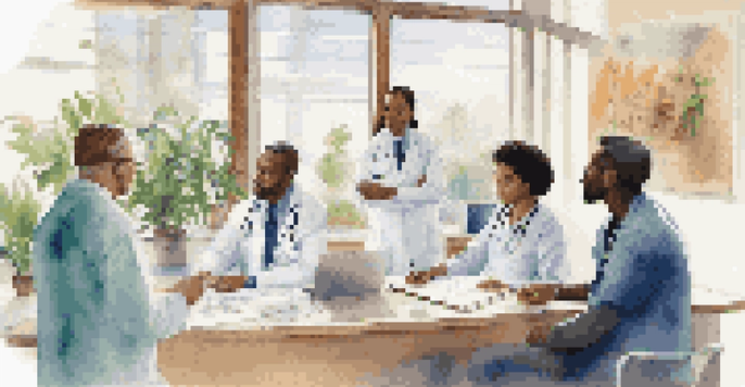 A diverse group of healthcare professionals in a modern clinic, discussing patient care with medical charts and a potted plant around them.
