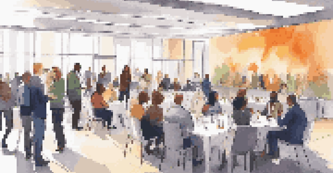 A vibrant networking event with diverse individuals engaged in conversation in a well-lit conference hall.