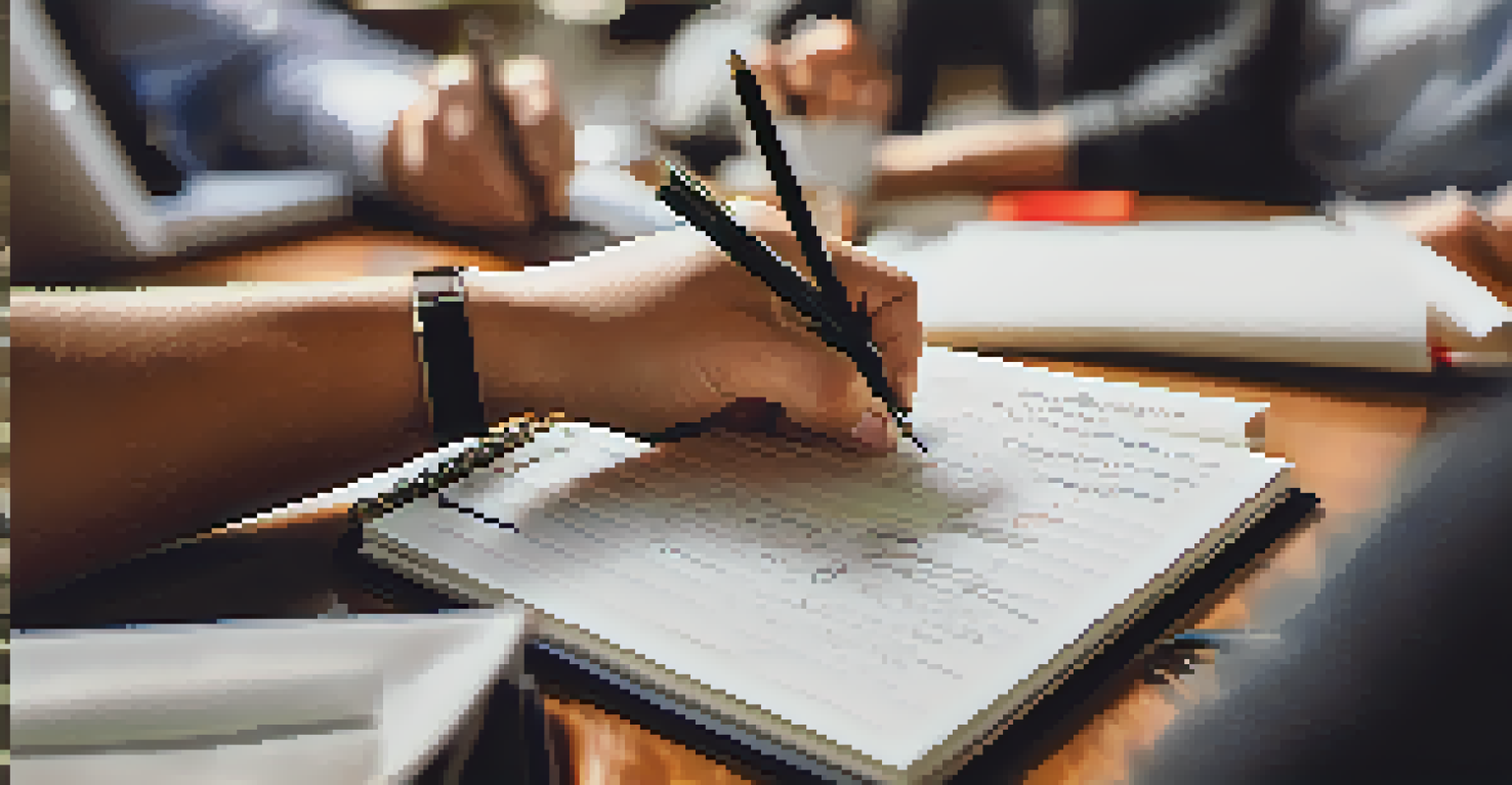 A close-up of a leader's hands writing strategies in a notebook with a blurred team brainstorming session in the background.