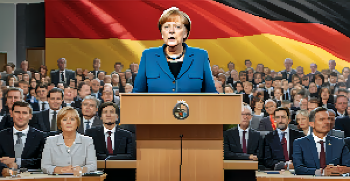 Angela Merkel standing at a podium during a press conference, with the German flag in the background and reporters in the foreground.