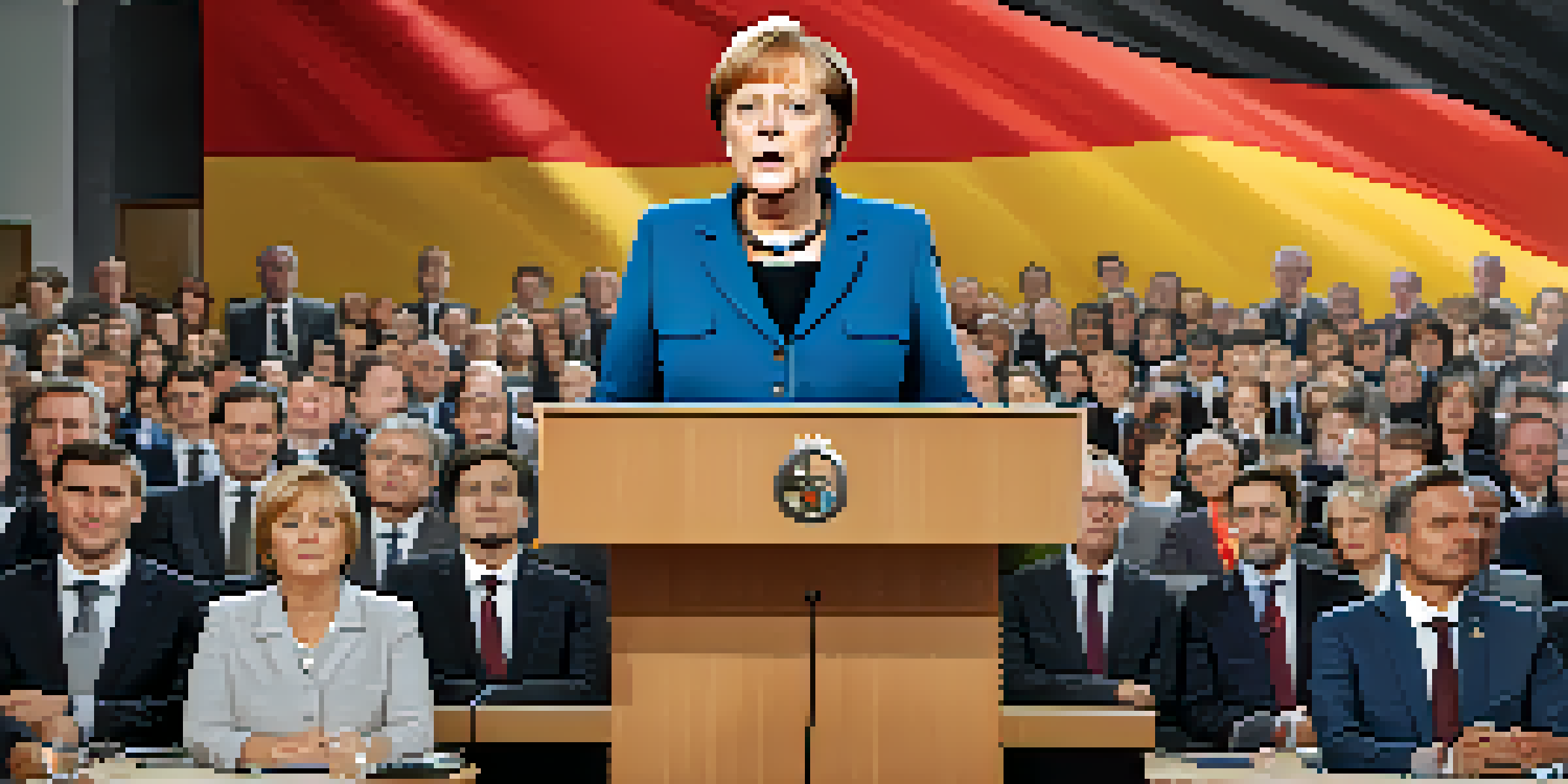 Angela Merkel standing at a podium during a press conference, with the German flag in the background and reporters in the foreground.