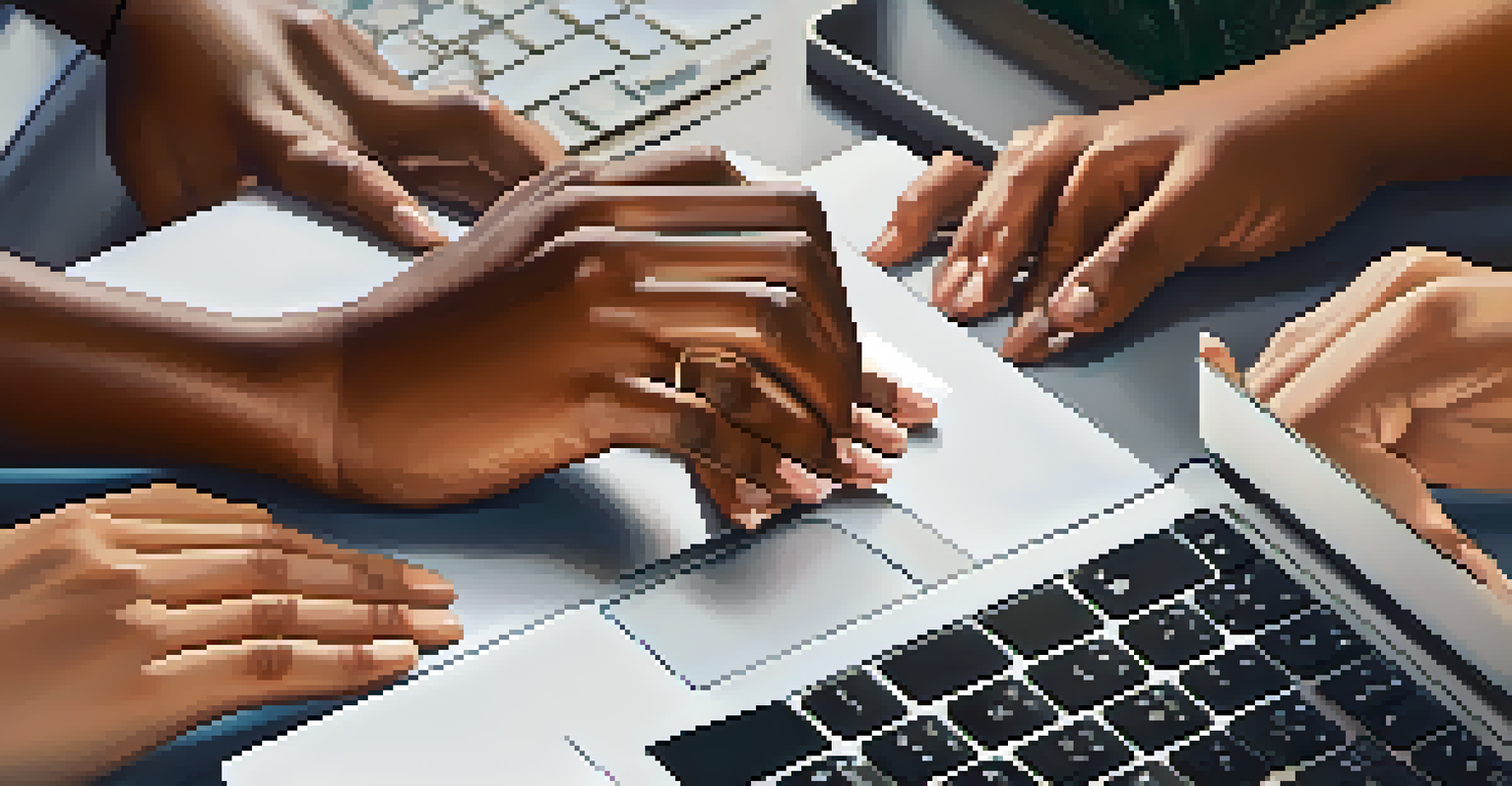 Close-up of diverse hands on a laptop keyboard, representing teamwork and collaboration.