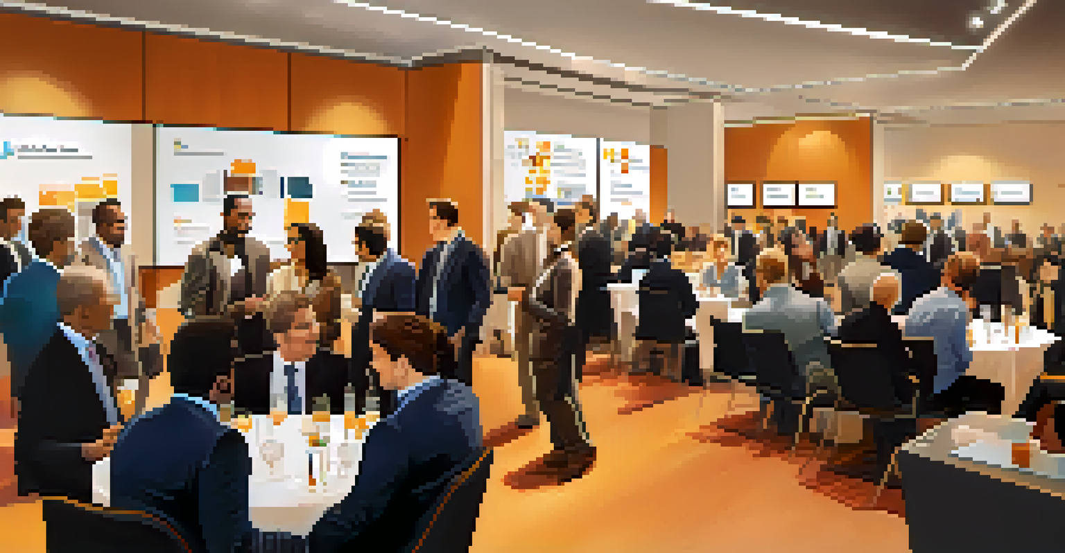Networking event with analytics professionals conversing and exchanging business cards in a modern conference hall.