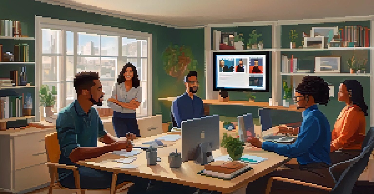 A video conference with diverse remote workers in their home offices, displaying personal backgrounds and warm expressions.