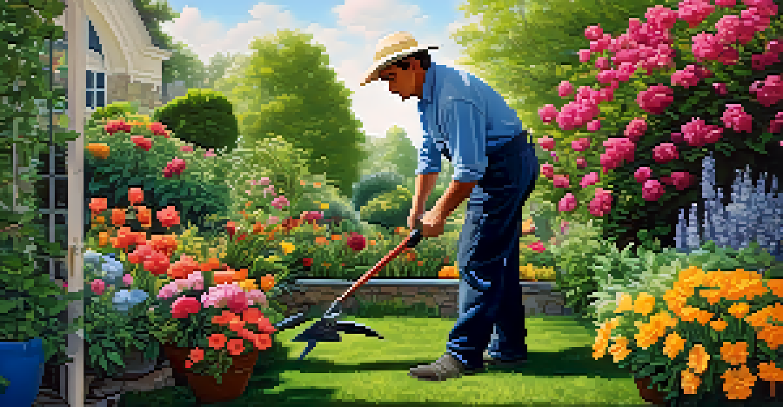 A gardener pruning plants in a colorful garden, emphasizing focus and prioritization.