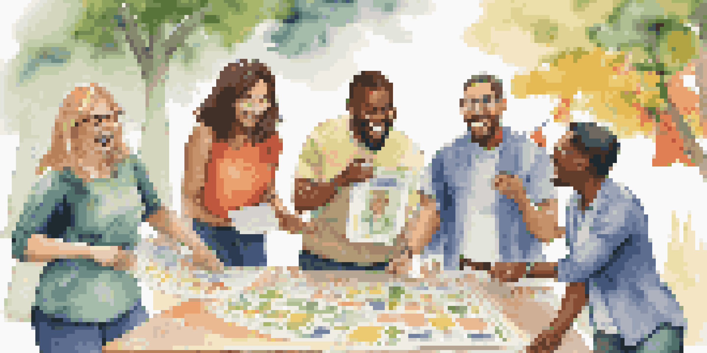 A group of diverse colleagues participating in a team-building activity outdoors, surrounded by trees and colorful banners.