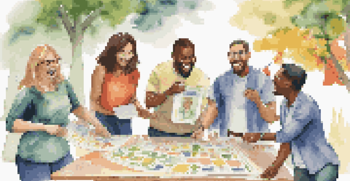 A group of diverse colleagues participating in a team-building activity outdoors, surrounded by trees and colorful banners.