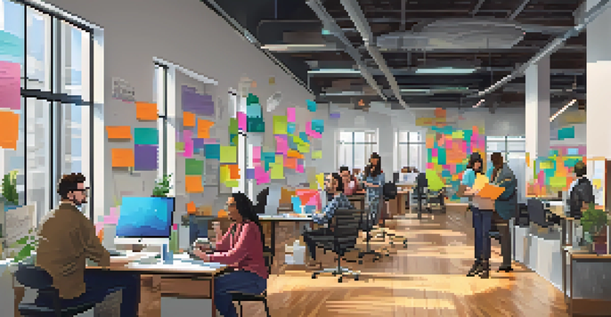 A diverse group of gig workers working together in a bright co-working space, engaged in various professions like design and writing.