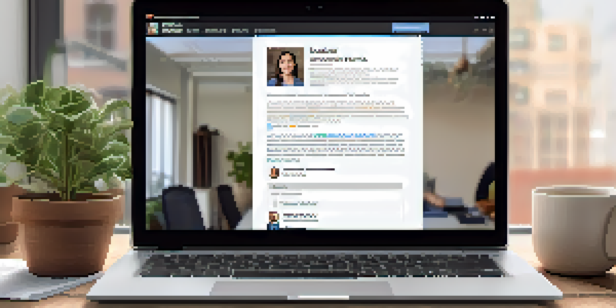 A laptop displaying a professional LinkedIn profile with a warm office setting.