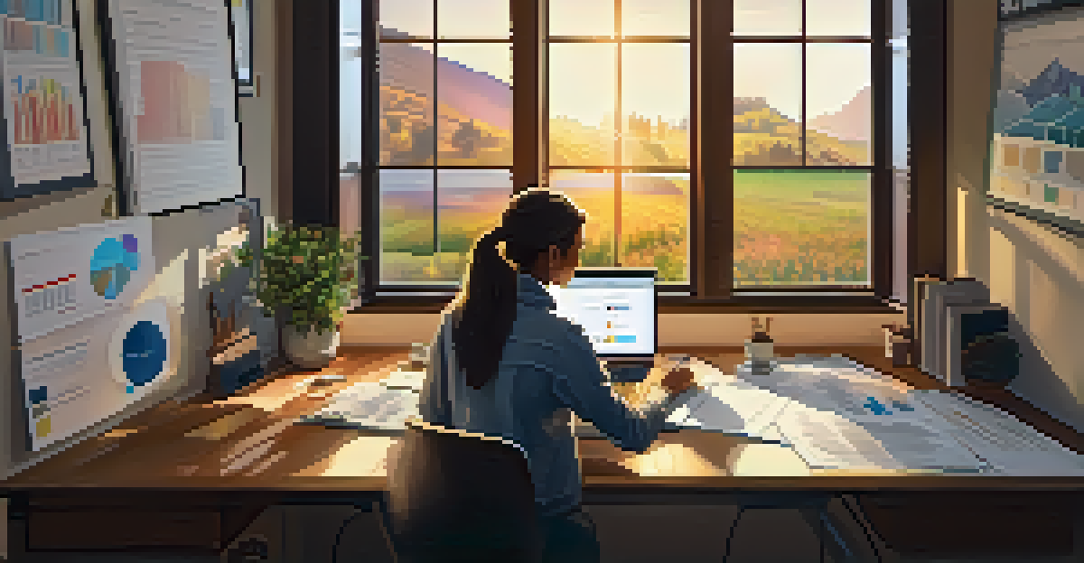 A person working on a laptop in a cozy home office, analyzing job market data with projected graphs.