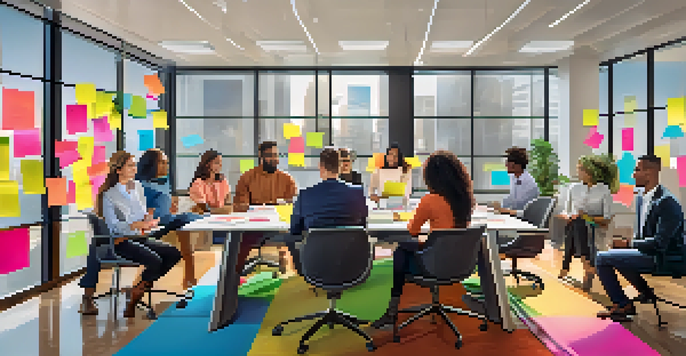 A diverse group of employees in a modern office collaborating around a conference table, with natural light coming through large windows.