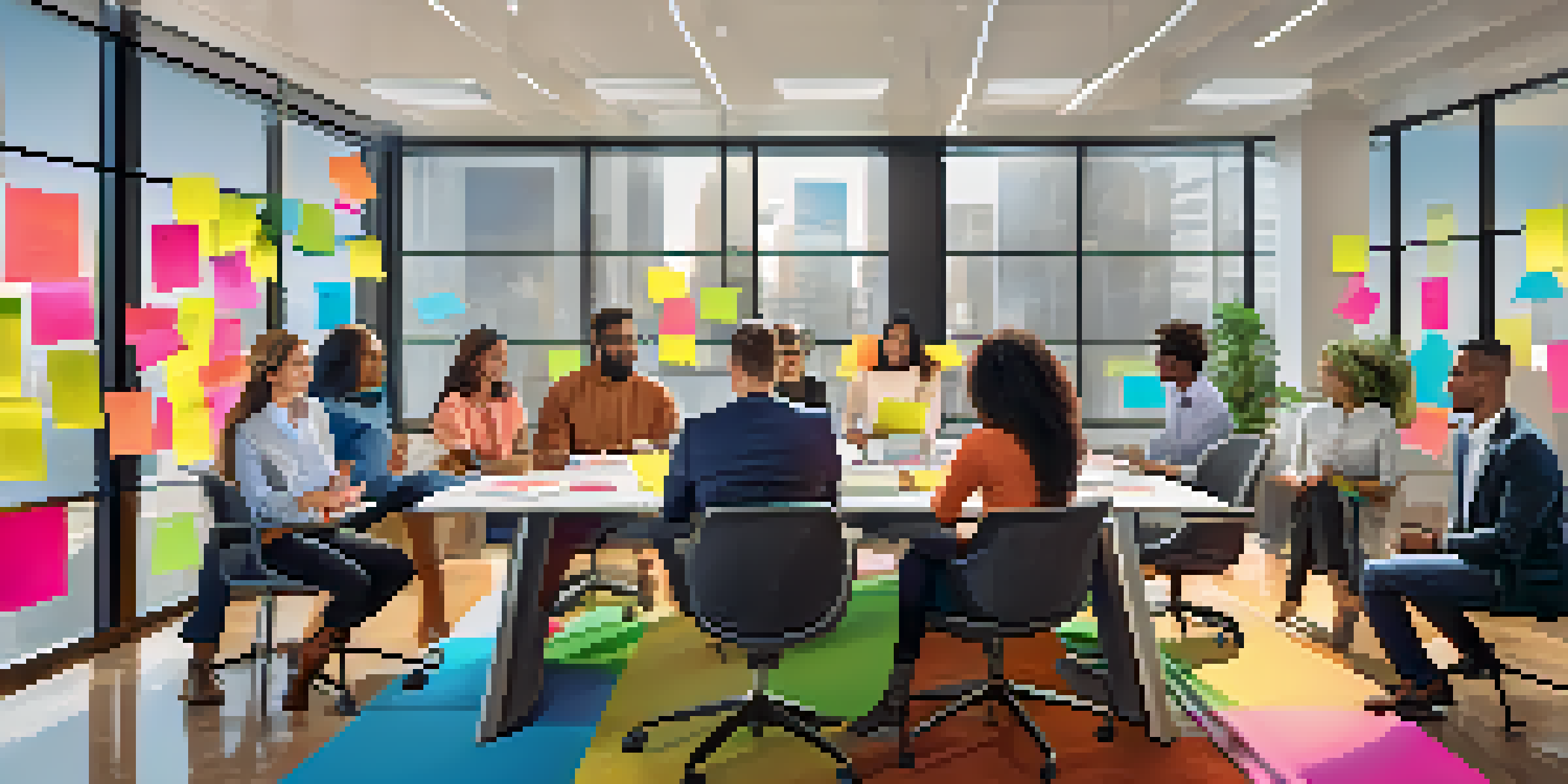 A diverse group of employees in a modern office collaborating around a conference table, with natural light coming through large windows.