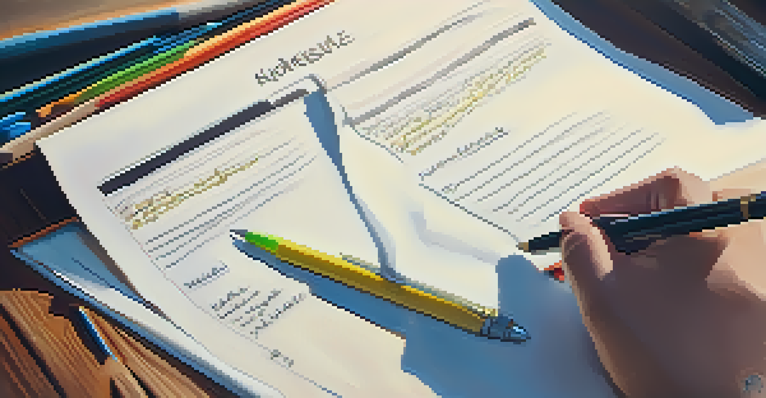 A close-up view of a hand writing on a notepad with bullet points, next to a printed resume and a colorful pen, in a warmly lit setting.