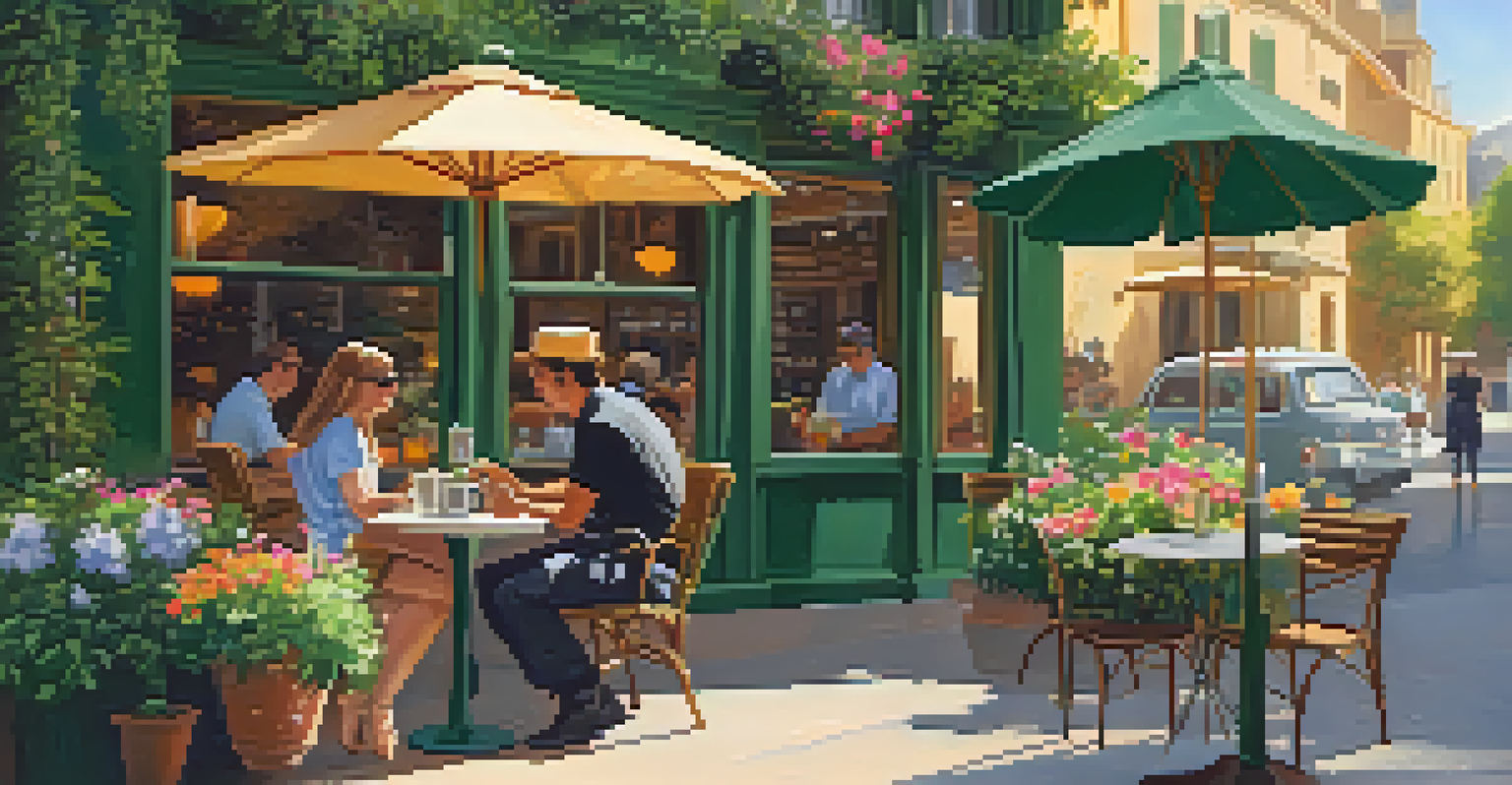 An outdoor café with a small table, chairs, and a barista serving coffee amidst blooming flowers.